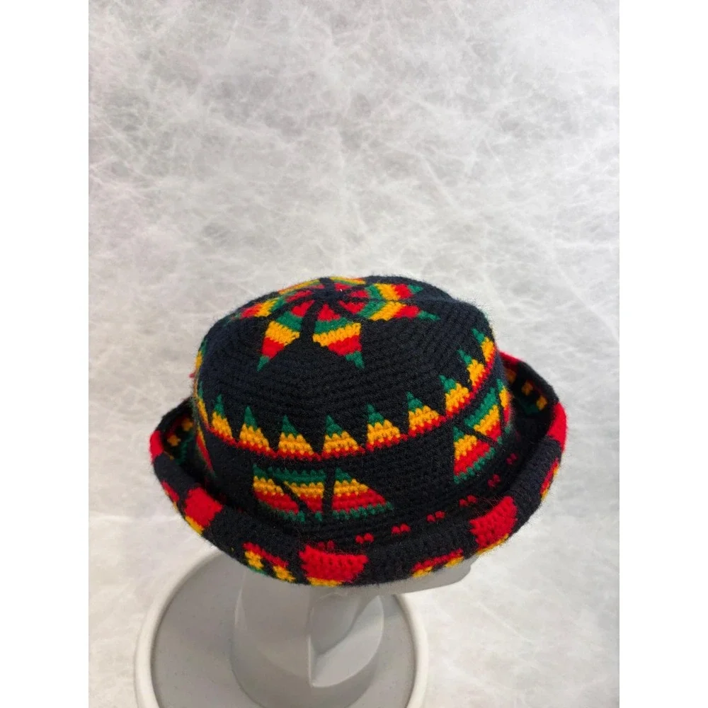 Vintage Handmade Rasta Crochet Bucket Hat Black Red Yellow Green‎ Geometric Star